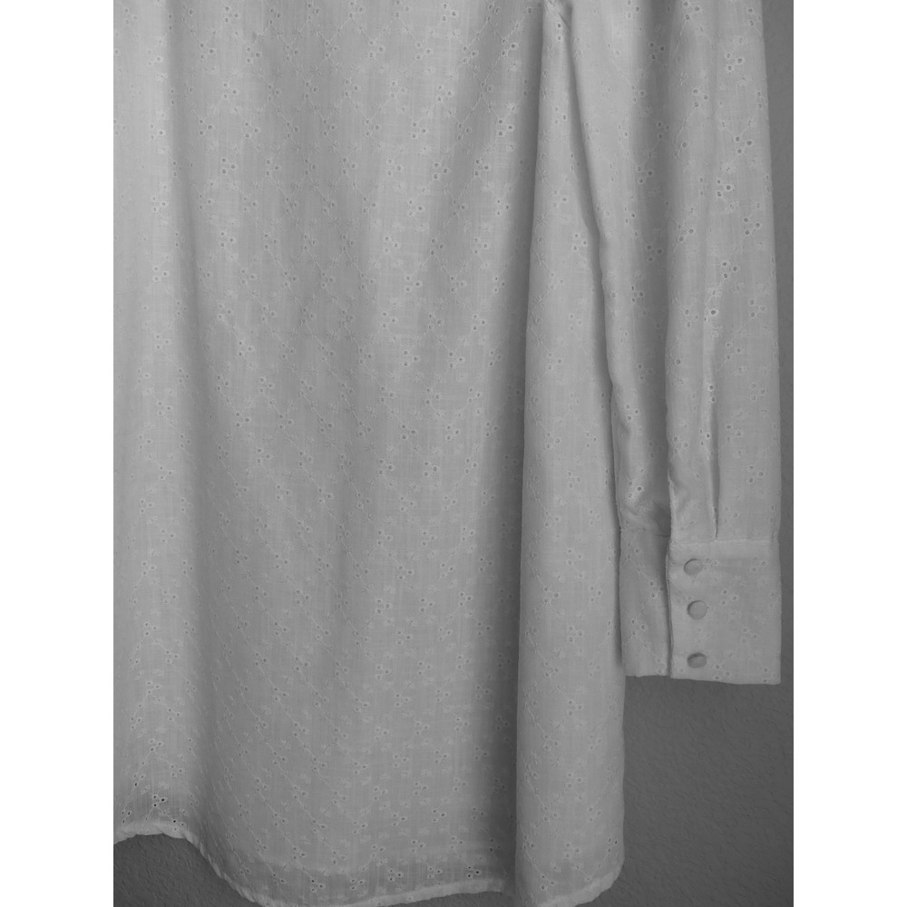 White Eyelet Tunic Shirt Dress Sz L Retro 3 Button Cuff NEW Office Casual Summer - Picture 3 of 8